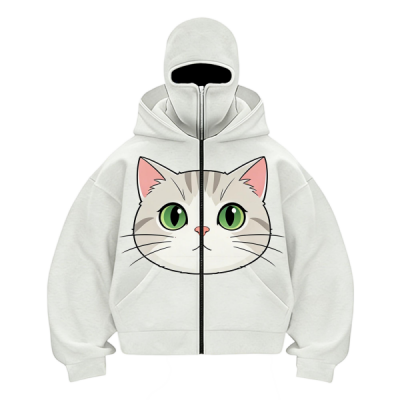 Tabby Cat Face Print Oversized Full-Zip Hoodie